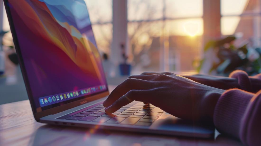 Acentos teclado MacBook: Como configurá-los? 18 Fotografia detalhada de mãos configurando acentos no teclado de um MacBook Pro iluminado naturalmente.