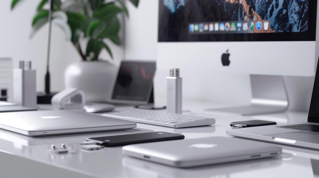 Adaptadores USB C para MacBook: Quais são os melhores? 15 Fotografia hiper-realista de adaptadores USB-C para MacBook em uma mesa minimalista e moderna.