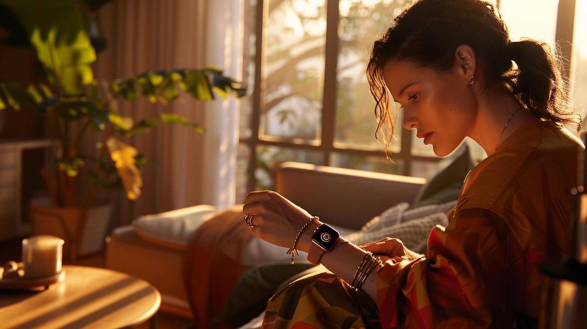 Apple Watch 44mm é Bom para Monitorar Saúde? 12 Indivíduo analisa Apple Watch 44mm, exibindo monitoramento de saúde, em sala de estar moderna e iluminada.