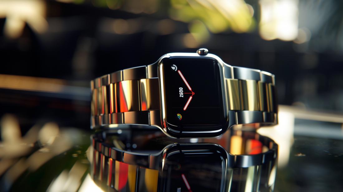 Apple Watch 4 specs: Quais são os destaques? 1 Fotografia hiperrrealista do Apple Watch 4 com case de aço inoxidável e display Retina vibrante.