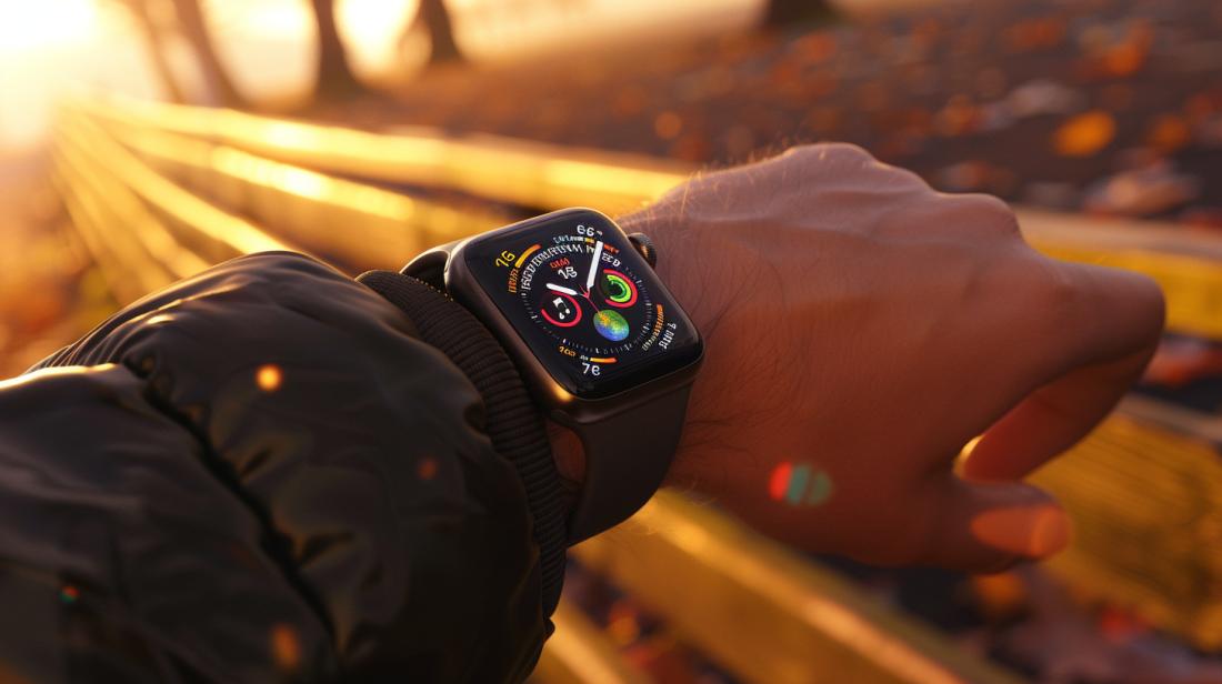 Apple Watch Série 7: Quais são suas principais funções? 9 Foto hiper-realista destacando design sofisticado e funcionalidades avançadas do Apple Watch Series 7.