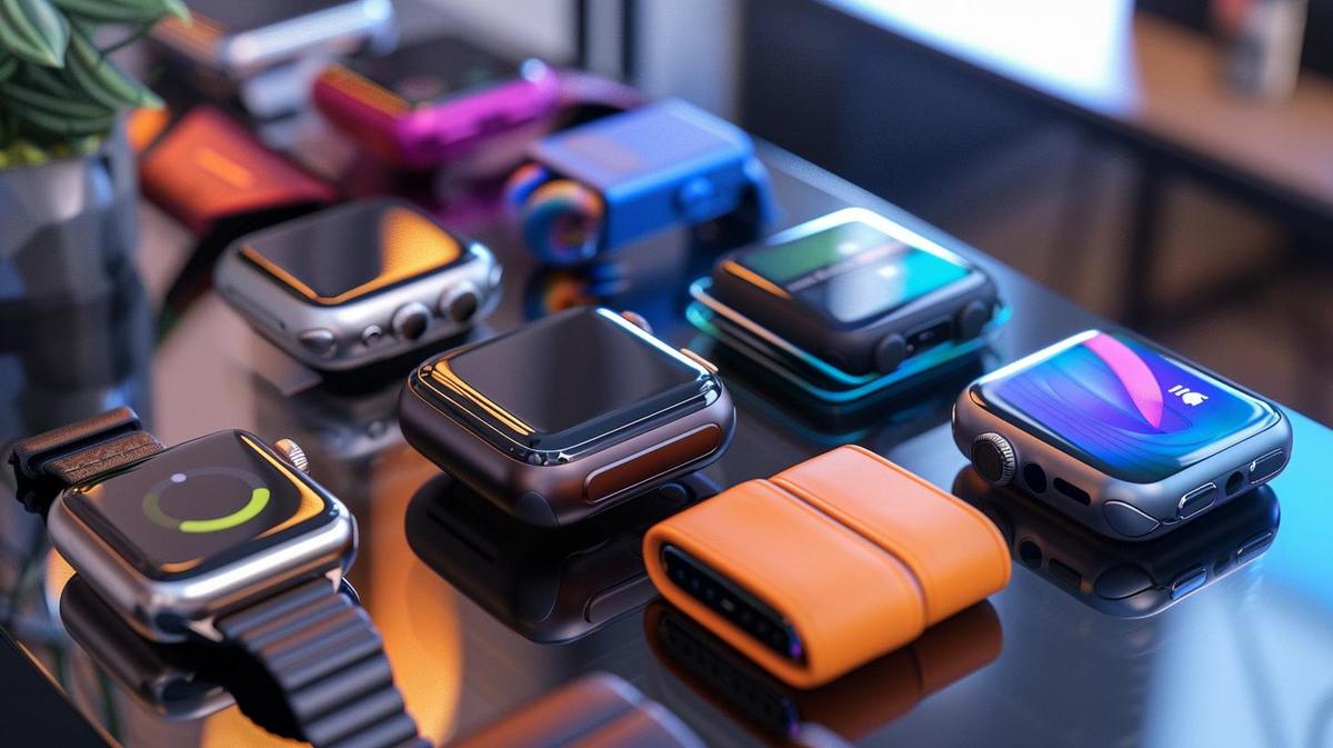 Apple Watch capinha: qual tipo escolher? 13 Fotografia hiperralista de capas de Apple Watch, destacando diversos estilos e materiais em uma mesa moderna.