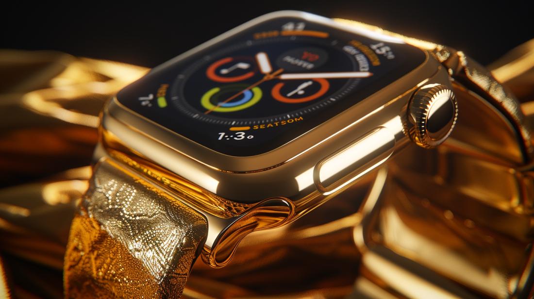 Apple Watch dourado: Quais os modelos disponíveis? 16 Fotografia hiper-realista de um Apple Watch dourado luxuoso sobre veludo, realçando detalhes elegantes.