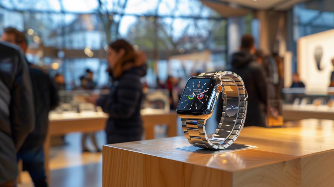 Apple Watch promoção: onde encontrar as melhores ofertas? 5 Fotografia ultradetalhada de um Apple Watch elegante em loja de luxo durante evento promocional.