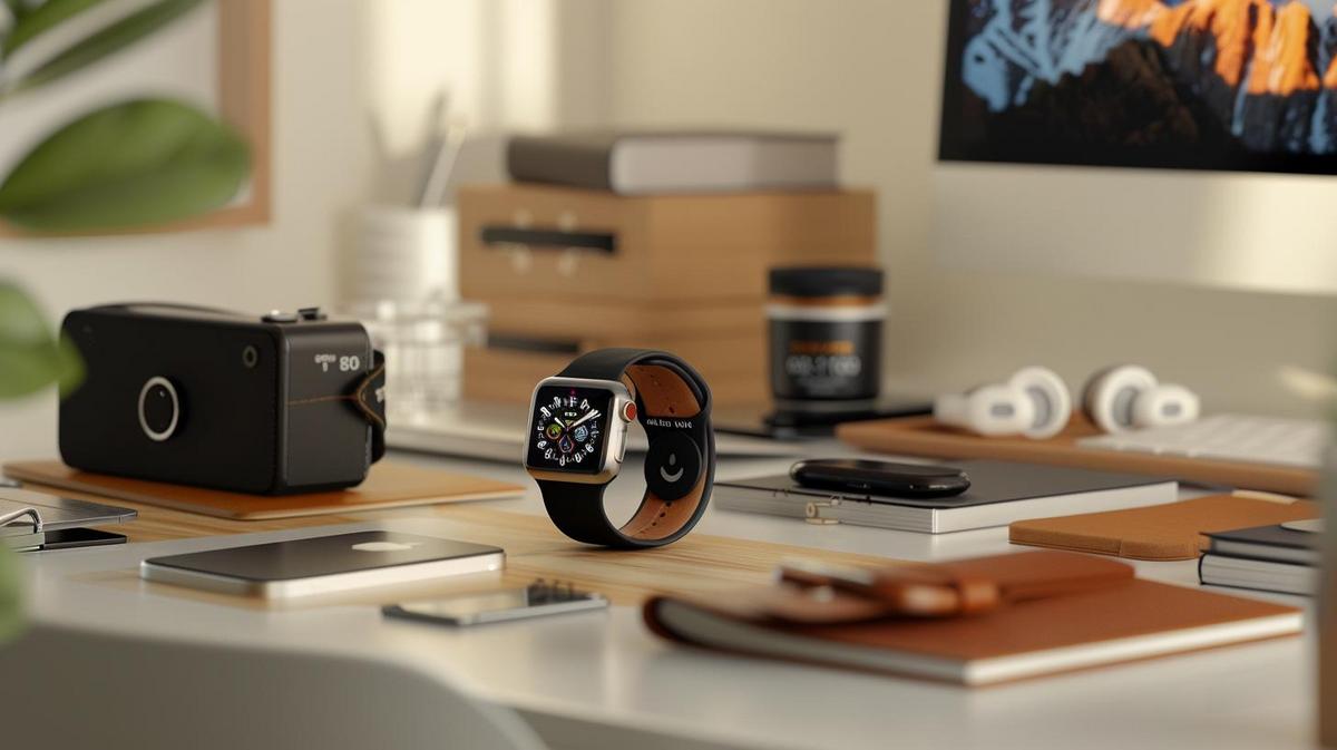 Apple Watch recondicionado: vale a pena comprar? 10 Apple Watch recondicionado em uma mesa minimalista com acessórios tecnológicos, destacando sua aparência impecável.