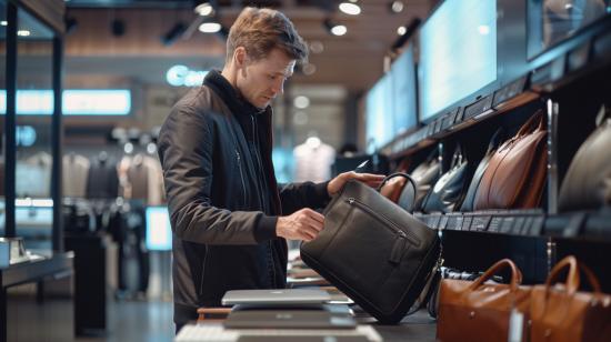 Bolsa MacBook Air: Qual é a melhor escolha para você? 16 Profissional urbano escolhendo bolsa de alta qualidade para MacBook Air em loja moderna.