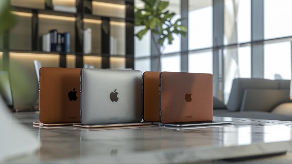 Capa MacBook: Como escolher a opção certa? 18 Fotografia hiper-realista de capas premium para MacBook em mesa minimalista em escritório moderno.