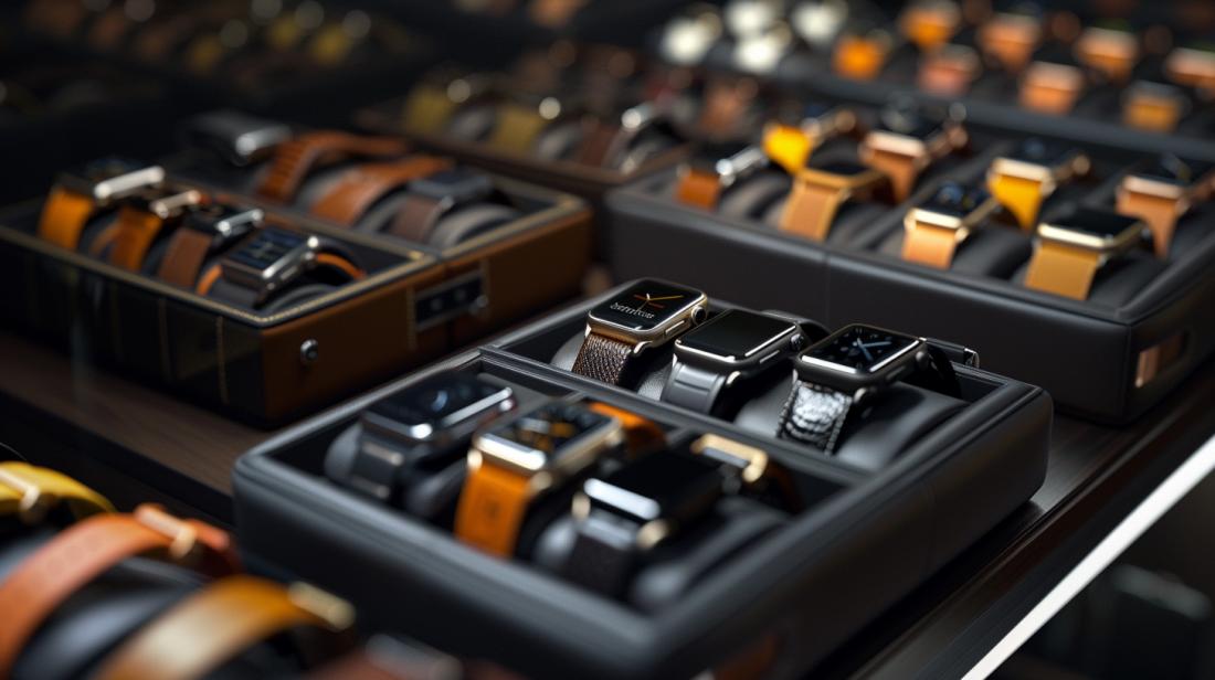 Capa para Apple Watch: Qual Tipo é Ideal para Você? 11 Fotografia hiperrrealista de diversos estojos de Apple Watch em suporte elegante e moderno.