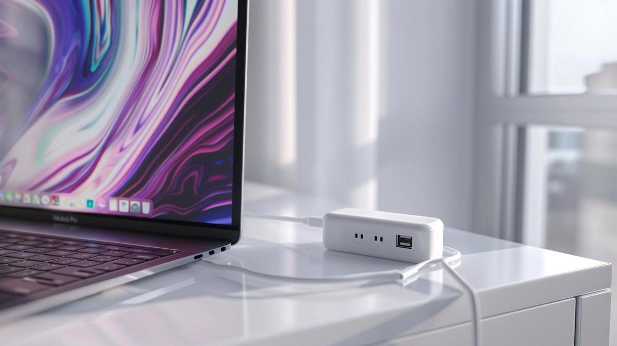 Carregador MacBook: Como Escolher o Mais Adequado? 11 Fotografia hiper-realista de um carregador MacBook num ambiente minimalista e moderno, bem iluminado.