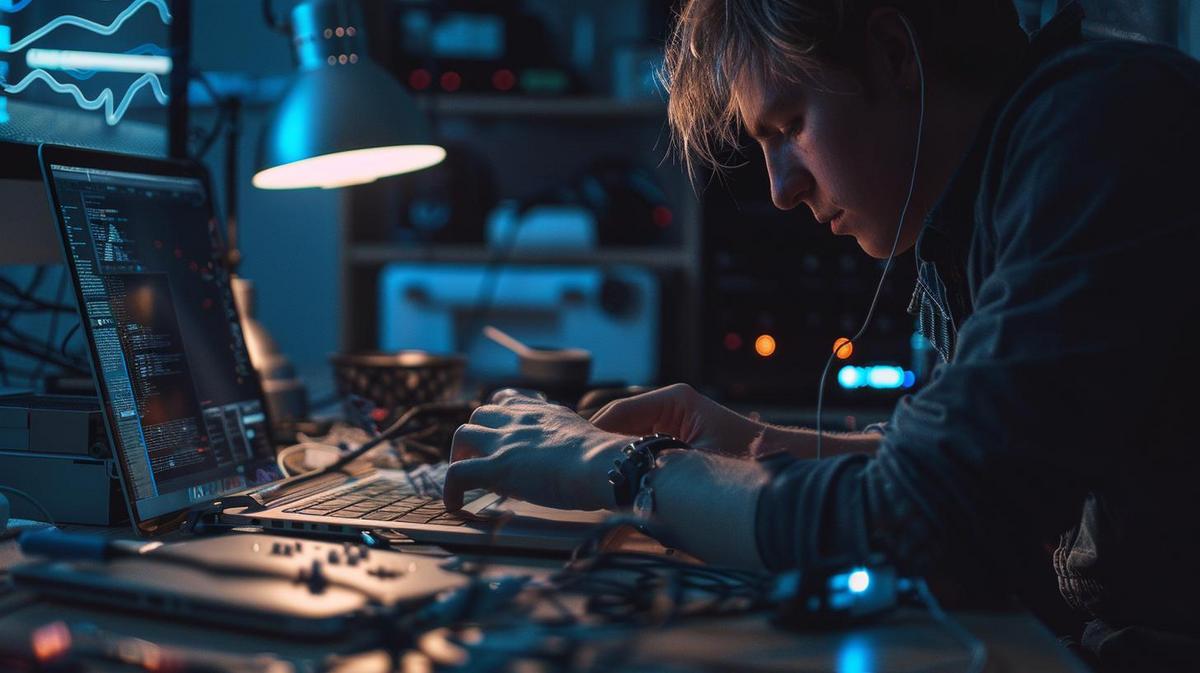 Carregador MacBook Pro parou de funcionar? O que fazer? 11 Usuário frustrado tentando consertar o carregador desgastado do MacBook Pro em uma mesa minimalista.