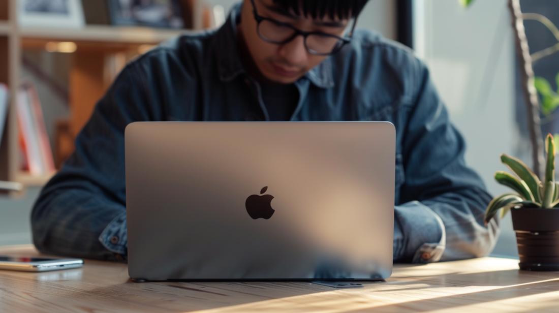Como apagar a maçã do MacBook de forma segura? 9 Técnico meticuloso removendo logo da Apple de MacBook prateado em espaço de trabalho moderno.