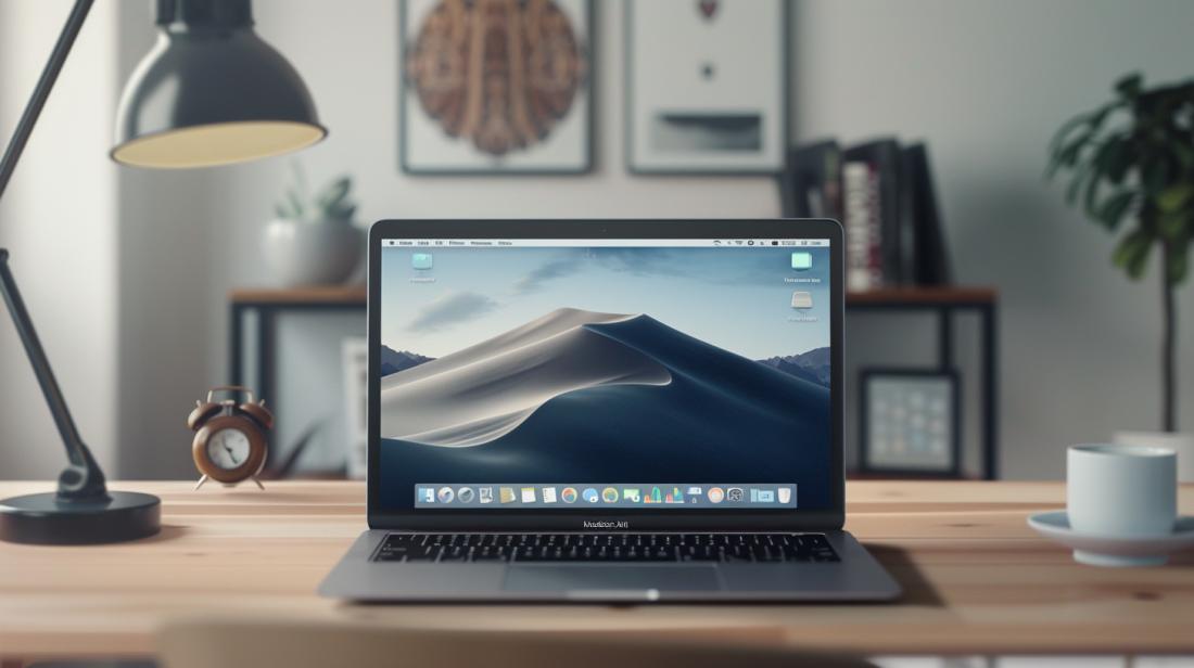 Como colocar despertador no MacBook de forma fácil? 8 Fotografia hiperrrealista de um MacBook Air em uma mesa moderna, com o app Relógio aberto.