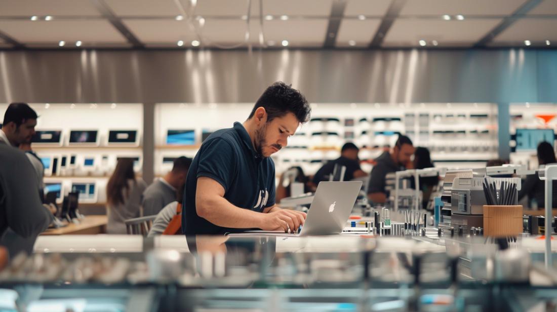 Conserto de MacBook: Como encontrar assistência confiável? 12 Técnico consertando um MacBook Pro em ambiente moderno e organizado de uma loja Apple.