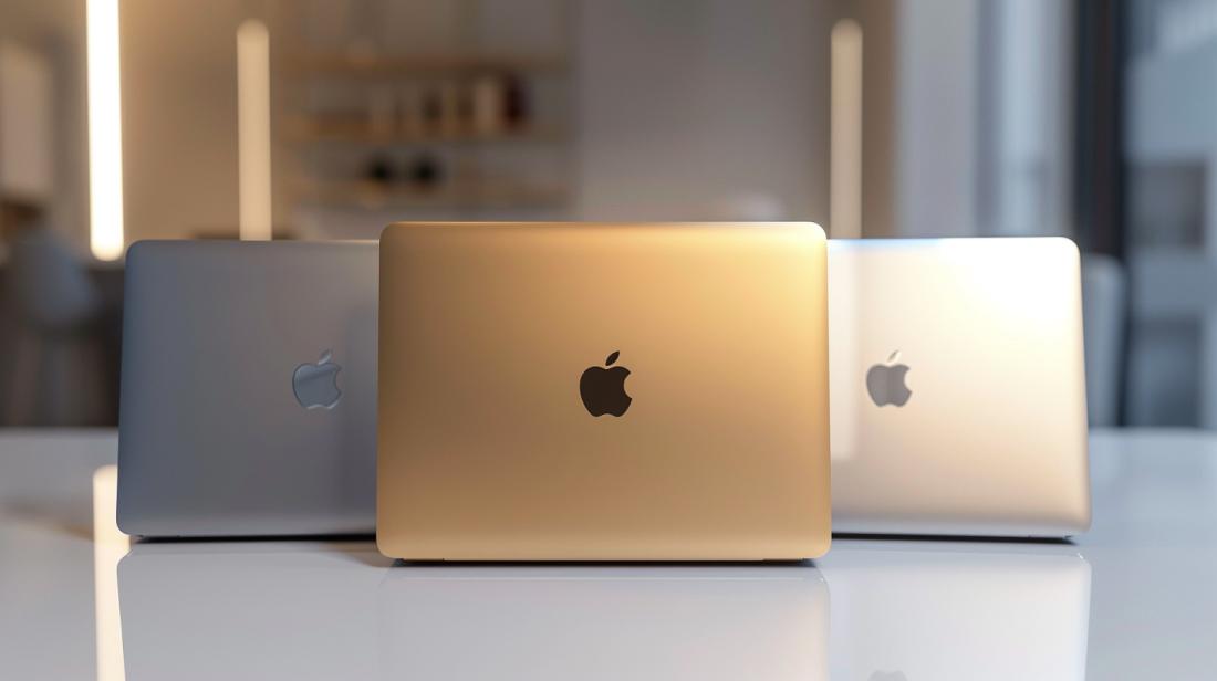 Cores MacBook Air: Quais São as Opções Atualizadas? 11 Fotografia hiper-realista dos novos MacBooks Air nas cores Cinza Espacial, Prata e Ouro.
