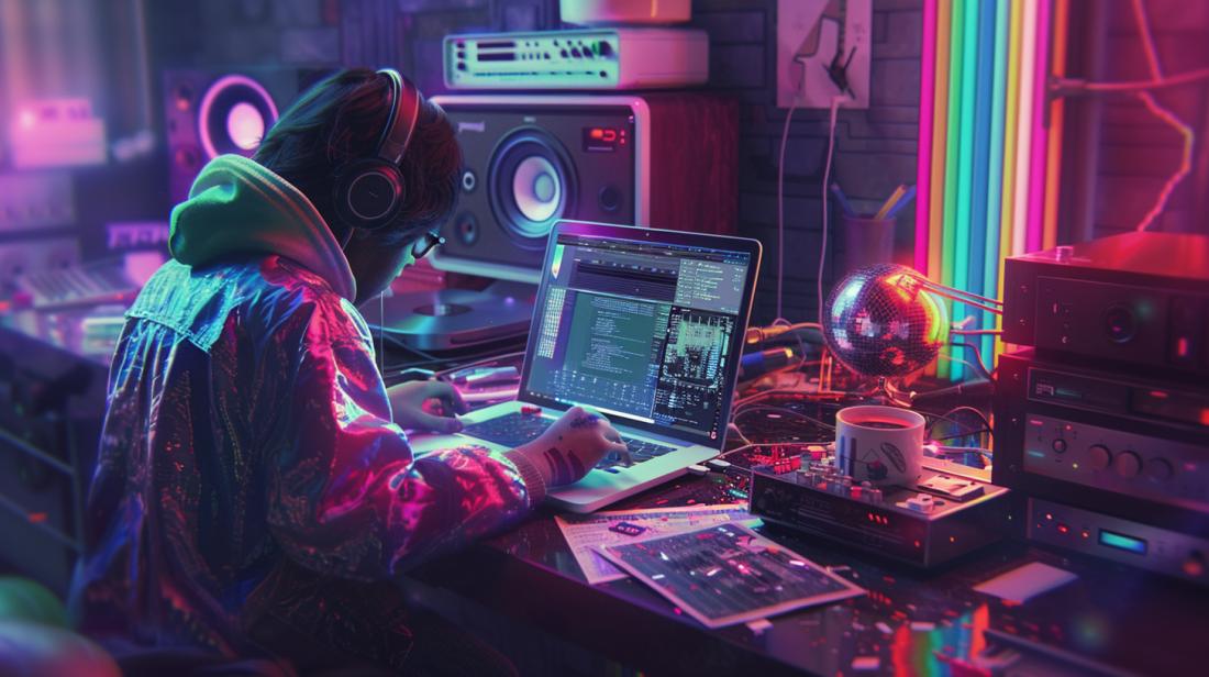 Disco MacBook Air 2017: Como substituir você mesmo? 7 Pessoa conserta MacBook Air em espaço temático disco com luzes neon e gadgets.