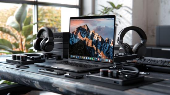 Dock MacBook Pro: Como Escolher o Melhor? 17 Foto hiper-realista de MacBook Pro em dock multifuncional em espaço de trabalho moderno.