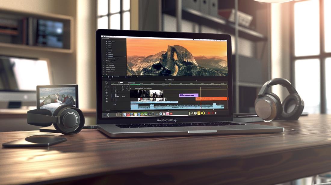 Final Cut Pro MacBook Air: Vale a pena para editar vídeos? 4 MacBook Air com Final Cut Pro em estúdio minimalista, luz natural destacando elegância e eficiência.