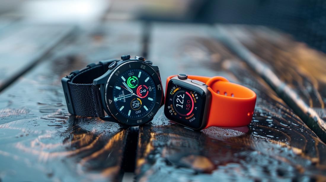 Garmin Forerunner 945 vs Apple Watch 5: Qual é melhor? 6 Comparação lado a lado do Garmin Forerunner 945 e Apple Watch 5 em ambiente moderno.