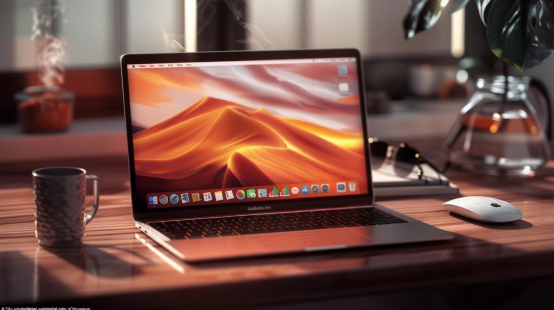 MacBook Air 13 vale a pena no modelo 2024? 17 Foto hiper-realista de MacBook Air 2023 em workspace moderno com acessórios elegantes.