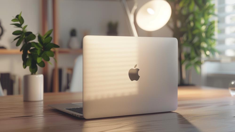 MacBook Air Recondicionado: Vale a Pena Comprar? 14 Fotografia hiper-realista de um MacBook Air em mesa de madeira minimalista com decoração moderna.