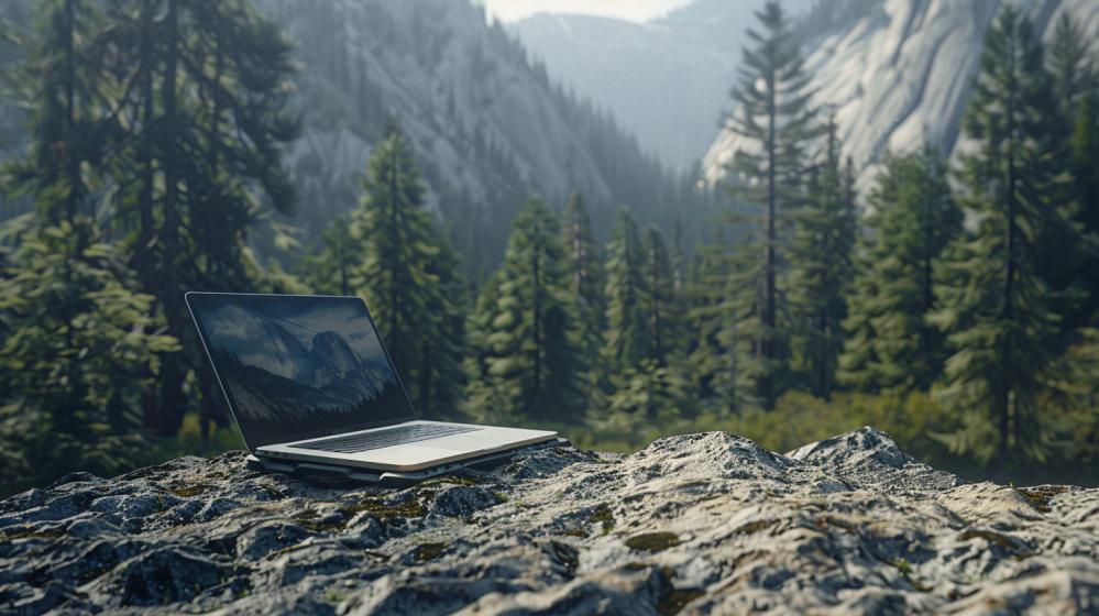 MacBook Air rugged case: vale a pena investir? 14 MacBook Air em capa robusta sobre rocha em floresta densa, teclas iluminadas, pronto para aventura.