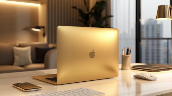 MacBook Dourado: Quais São Suas Especificações? 7 Fotografia hiper-realista de um elegante MacBook dourado em uma mesa minimalista e moderna.