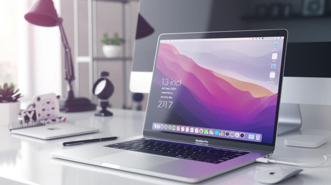 MacBook Pro 13 2017 specs: Vale a pena em 2024? 4 Fotografia hiper-realista de MacBook Pro 2017, destacando design em mesa minimalista moderna.