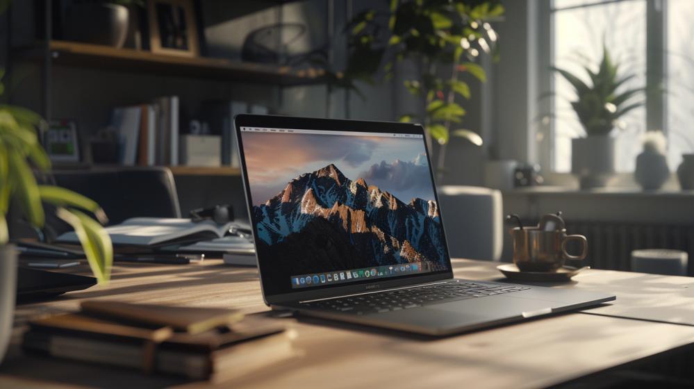 MacBook Pro 16GB RAM 512GB SSD é ideal para você? 8 Fotografia de um home office minimalista com MacBook Pro, caderno, mouse sem fio e café.