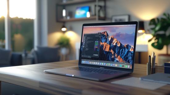 MacBook Pro Touch Bar Silver: Vale a Pena Comprar? 11 Fotografia hiper-realista do MacBook Pro Touch Bar prateado em uma mesa de madeira minimalista.