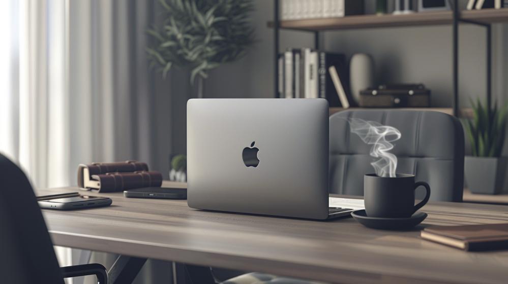 MacBook recondicionado vale a pena? Descubra aqui 5 Fotografia hiper-realista de um MacBook Pro recondicionado em uma mesa minimalista com itens de escritório.