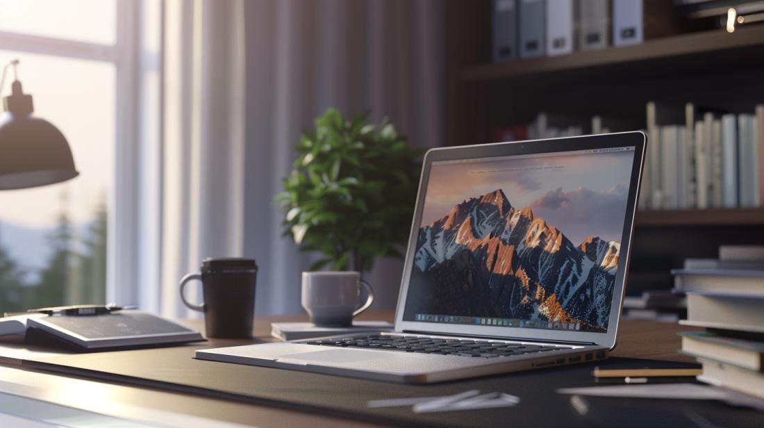 Macbook PDF Reader: Qual Usar? 6 Foto hiper-realista de um workspace moderno com um MacBook Pro e documentos PDF abertos.