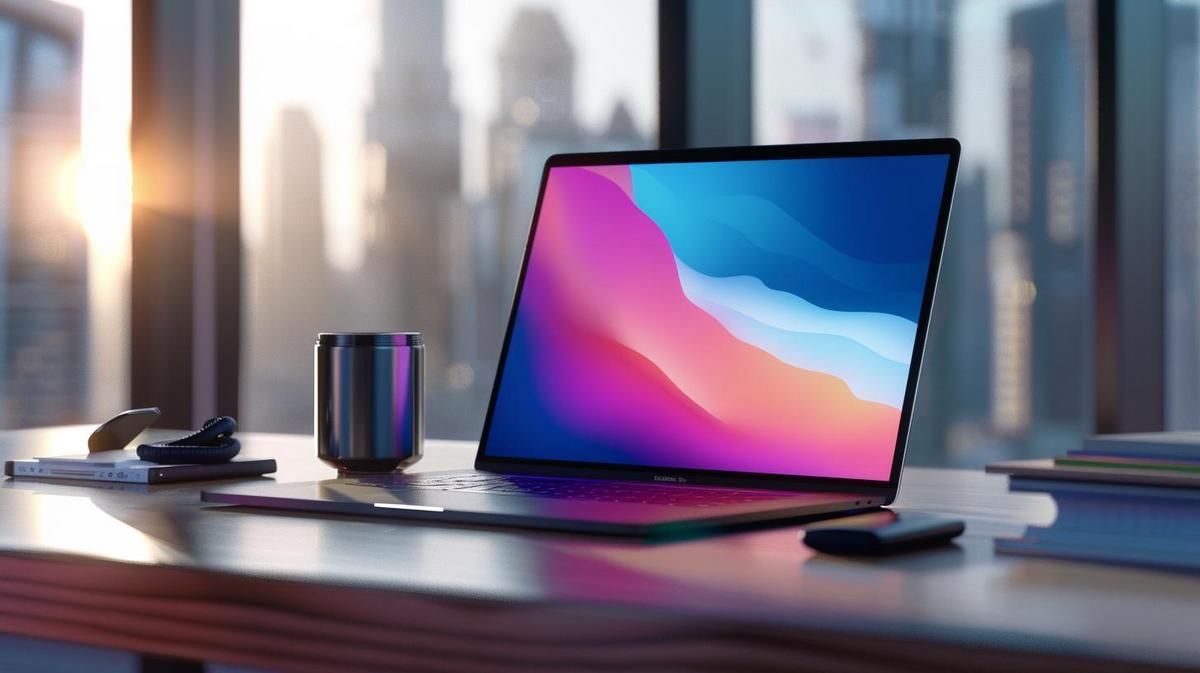Melhor MacBook: Qual é a escolha ideal em 2024? 17 Fotografia hiper-realista de um MacBook moderno e elegante em uma mesa sofisticada, destacando-se.