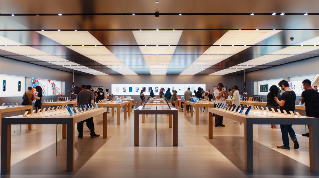 Onde comprar iPhone 7 em Portugal? 7 Fotografia hiper-realista de uma loja de tecnologia vibrante em São Paulo, com iPhones 7.