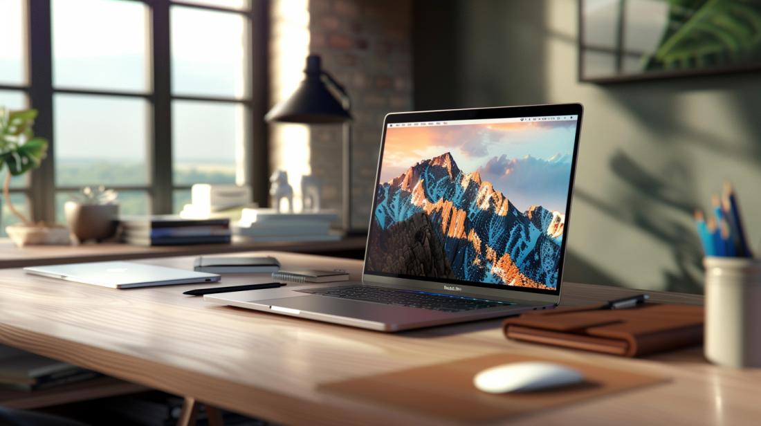 O que é um MacBook? Conheça suas funções e utilidades 8 Fotografia hiper-realista de um MacBook Pro elegante com acessórios em uma estação de trabalho moderna.
