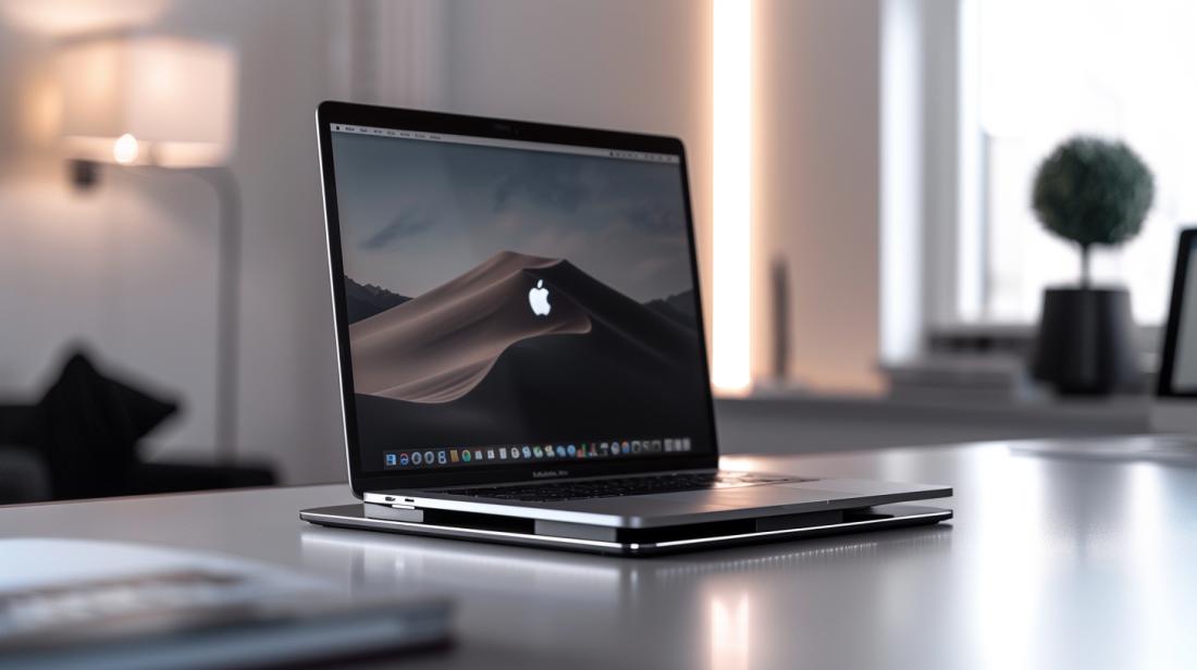Qual é o melhor cooler para MacBook Pro? 19 Foto hiper-realista de um MacBook Pro em base de resfriamento sofisticada, em ambiente tech minimalista.