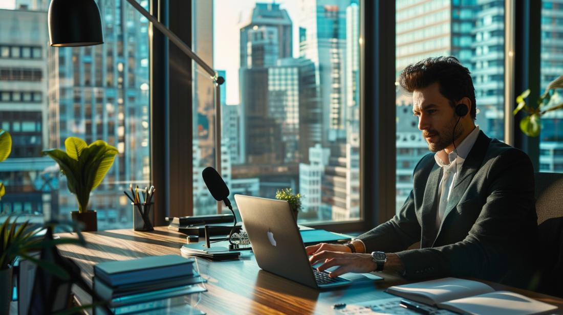 Qual o melhor lavalier mic para MacBook Pro? 18 Profissional de tecnologia usando mic lapela em MacBook Pro em escritório moderno e elegante.