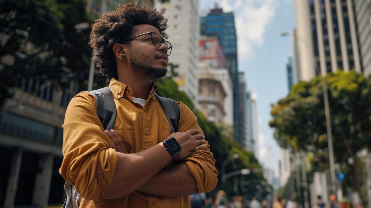 Retoma Apple Watch: Por que Considerar Essa Opção? 9 Profissional moderno em São Paulo destacando o novo Apple Watch com a cidade ao fundo.
