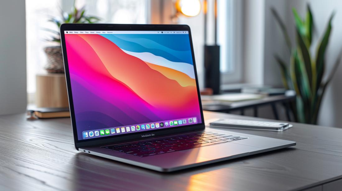 Screenshot MacBook: Como Fazer Captura de Tela Completa? 2 Fotografia hiper-realista de MacBook numa mesa minimalista, capturando tela cheia com atalho teclado.