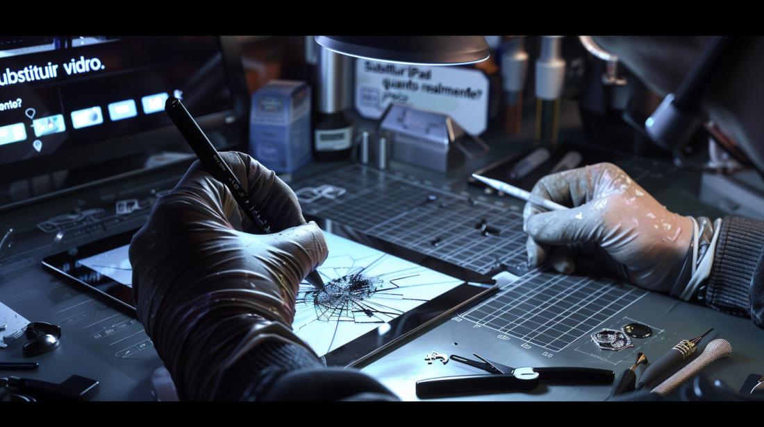 Substituir vidro iPad preço: quanto custa realmente? 9 Técnico meticuloso substituindo tela de vidro quebrada de iPad em oficina moderna, bem iluminada.
