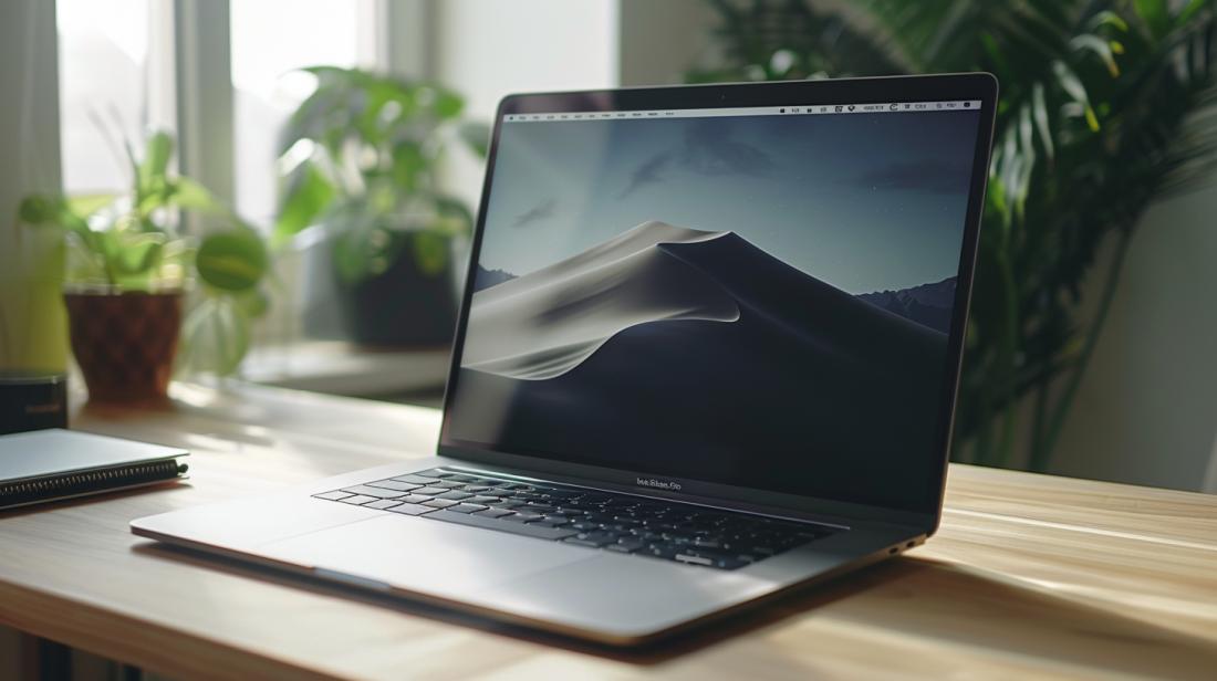 Tela MacBook Falhando: Quais São as Causas Comuns? 20 Fotografia hiper-realista de MacBook Pro com tela falhando, linhas verticais e luz natural.