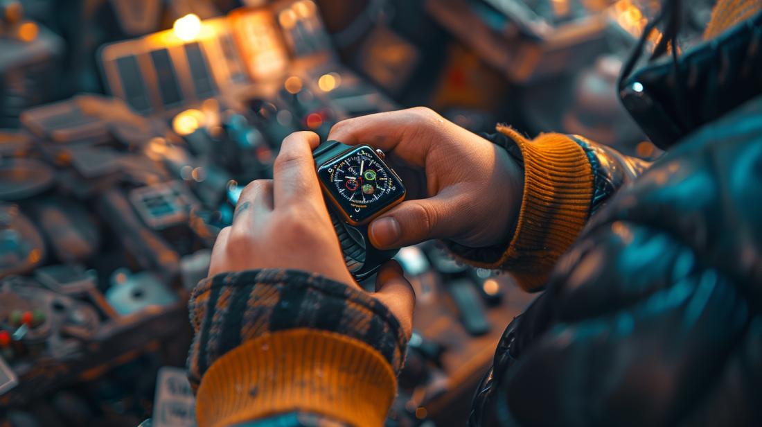 Vale a pena comprar um Apple Watch segunda mão? 3 Indivíduo examina atentamente um Apple Watch usado em um mercado de pulgas moderno.