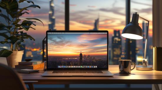 Vale a pena comprar um MacBook Air 7.2 em 2024? 9 Fotografia hiper-realista de um escritório moderno com MacBook Air 7.2, cidade futurista ao fundo.