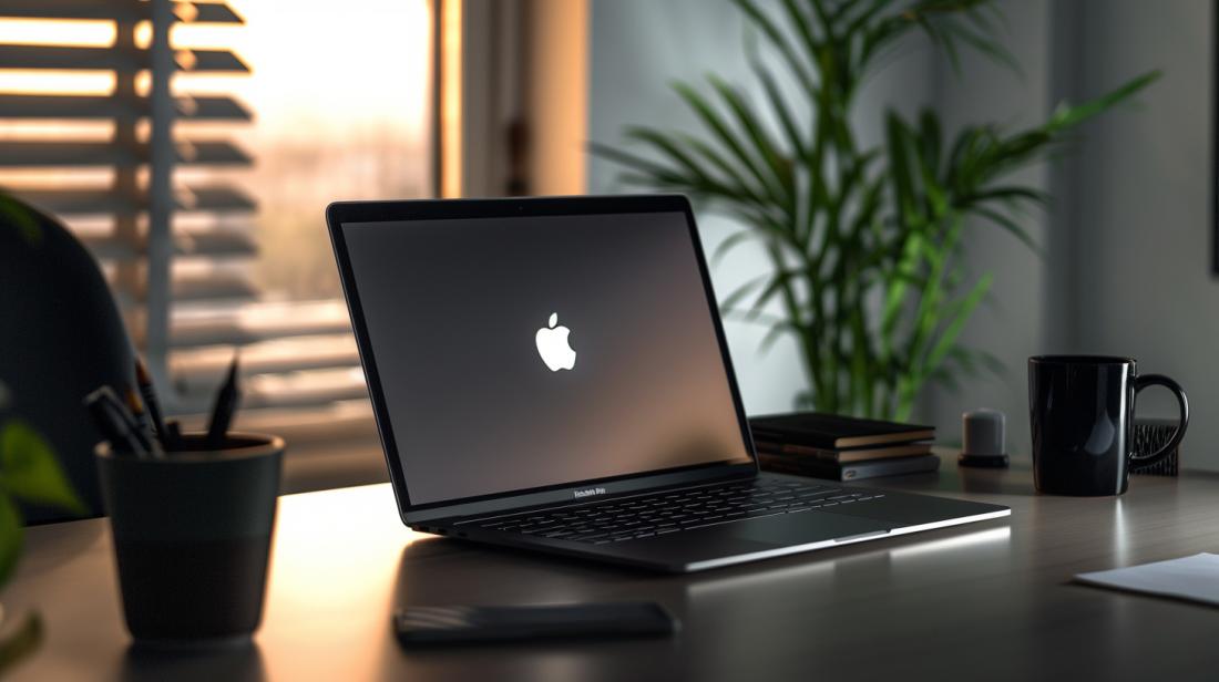 Vale a pena comprar um MacBook Pro 2013 usado? 18 MacBook Pro 2013 impecável em mesa moderna, com logo iluminado e luz natural suave.