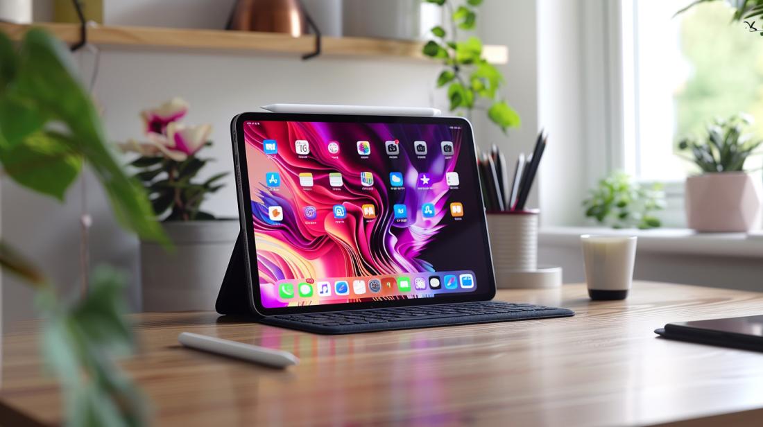 iPad Pro 12.9 recondicionado: vale a pena comprar? 2 Fotografia hiperrealista de um iPad Pro 12.9 recondicionado em uma mesa moderna com acessórios elegantes.