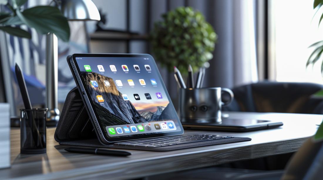 iPad com capa: Qual o melhor modelo para você? 1 Foto hiper-realista de iPad com capa azul elegante em mesa minimalista sofisticada.
