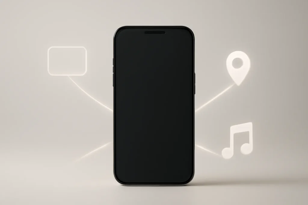 3 funcionalidades iOS 26 iPhone que melhoram o dia a dia 2 Ilustração simbólica das funcionalidades iOS 26 iPhone: pagamentos, mapas e música.