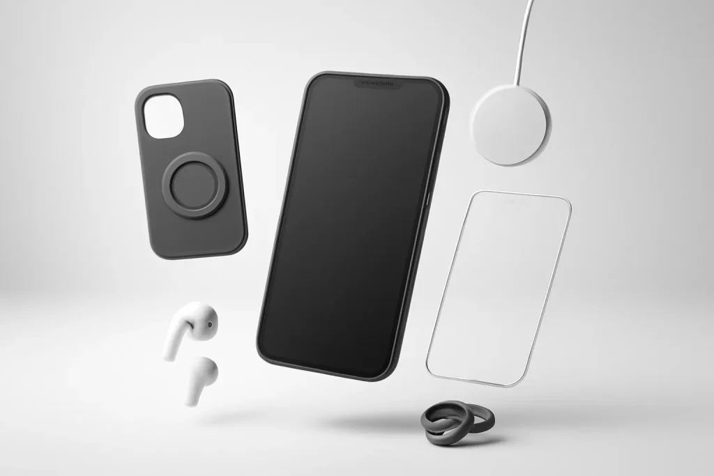 Acessórios iPhone 17 2026: os mais úteis para proteção e MagSafe 2 Visão geral de acessórios iPhone 17 2026 representados por ícones de proteção, MagSafe, áudio e fotografia.