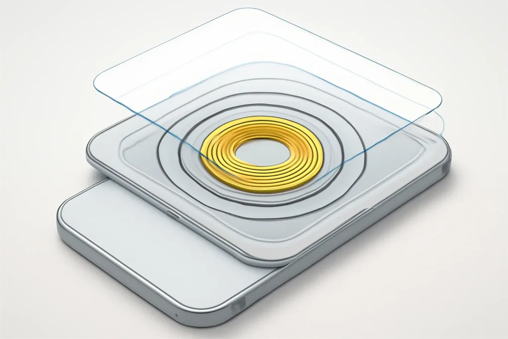 Acessórios iPhone 17 2026: os mais úteis para proteção e MagSafe 3 Esquema simbólico de MagSafe e camadas de proteção em acessórios iPhone 17 2026.
