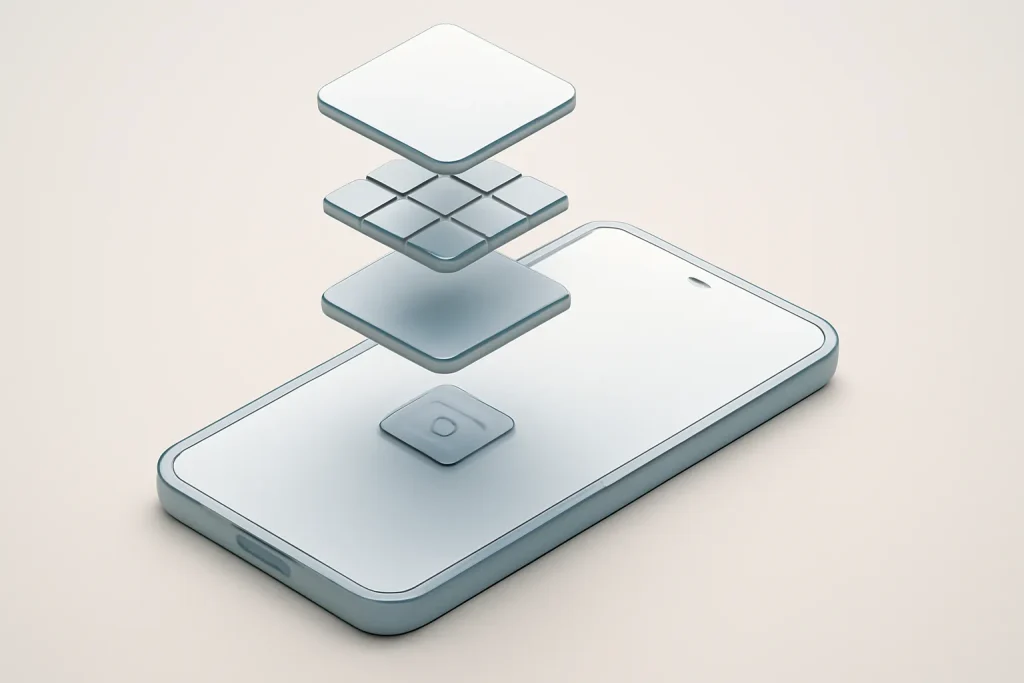 Análise Redmi Note 15 5G: AMOLED, bateria forte e software atrasado 3 Ilustração técnica para a análise Redmi Note 15 5G com camadas abstratas de chip, bateria e conectividade.