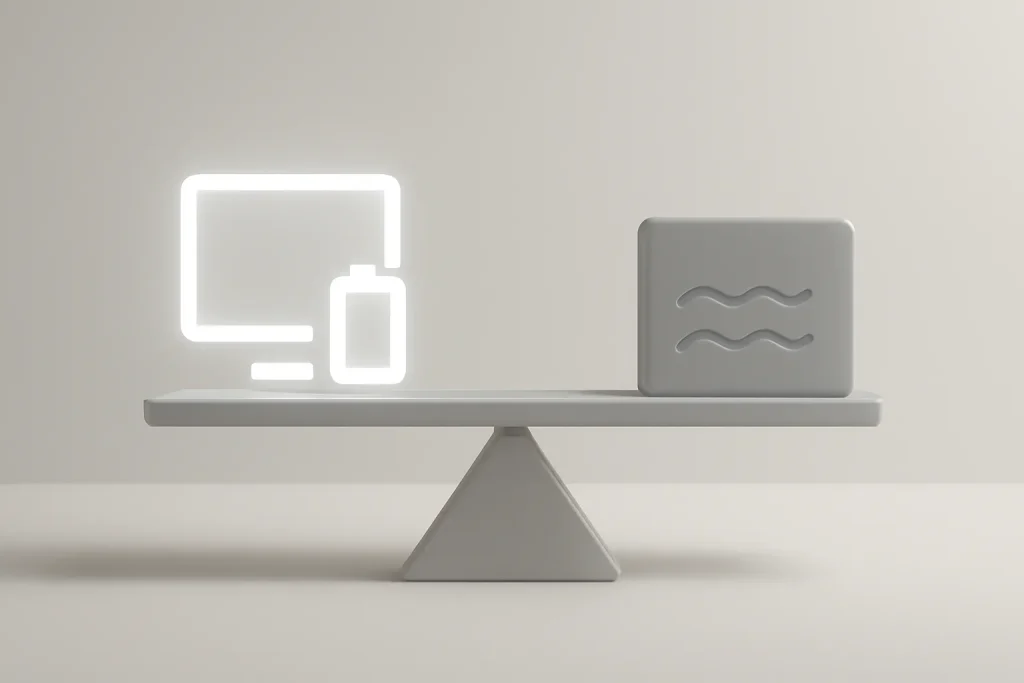 Análise Redmi Note 15 5G: AMOLED, bateria forte e software atrasado 4 Metáfora visual da análise Redmi Note 15 5G: balança entre ecrã/bateria e compromissos de fluidez e software.